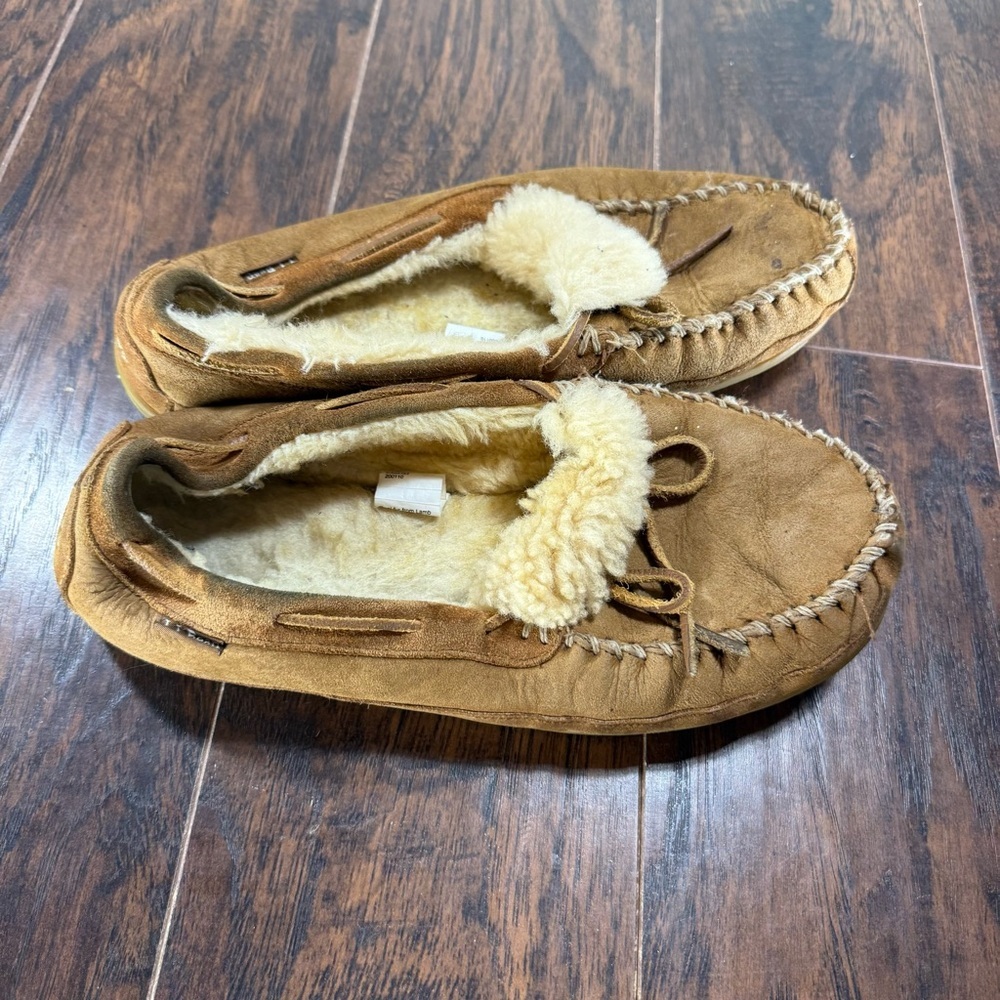 L.L. Bean‎ Shearling Lined Moccasins Plush Suede Slippers Tan Men’s 12
